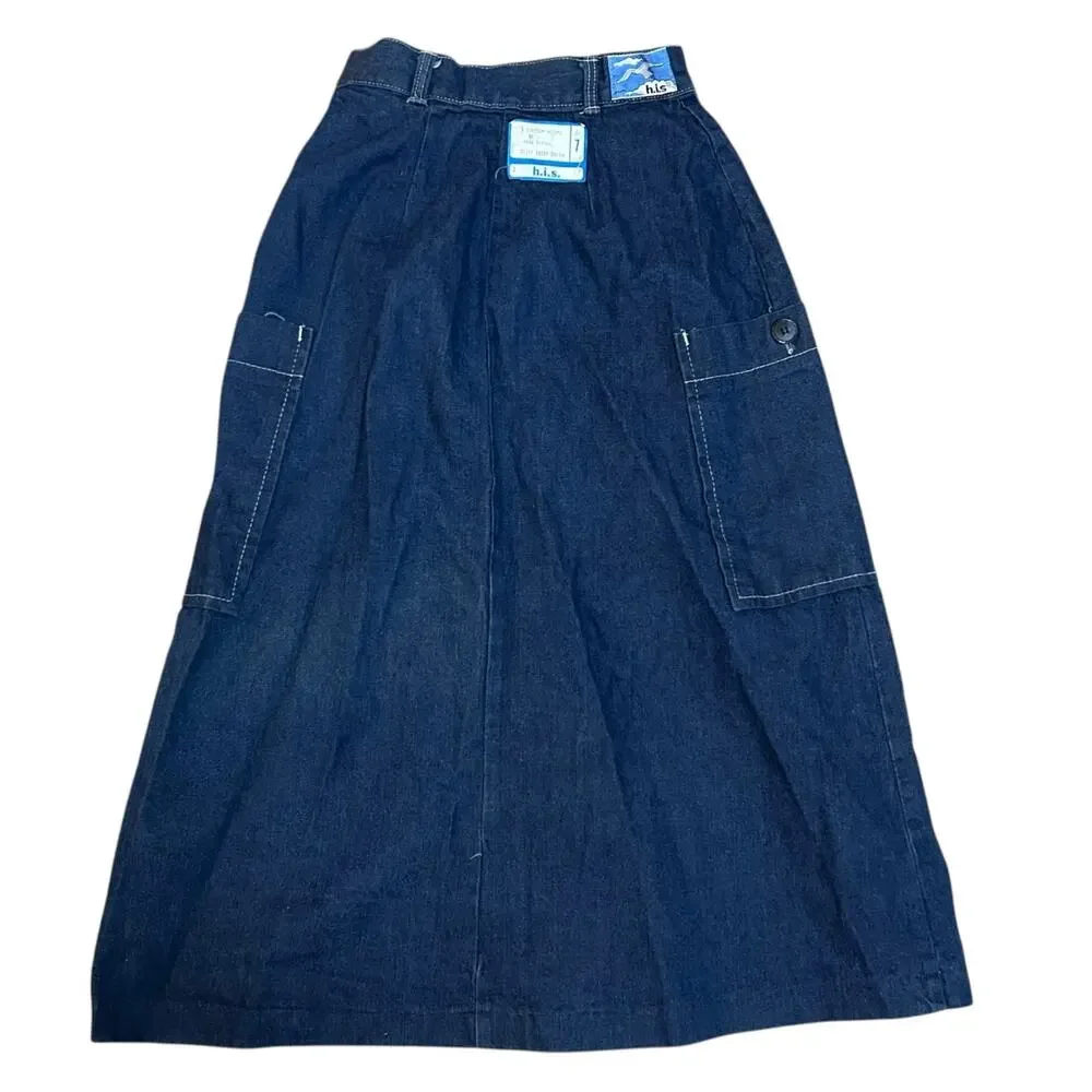 Vintage 70s Denim Jean Midi Skirt Womens Jrs 7 Western Boho Cottage Modest